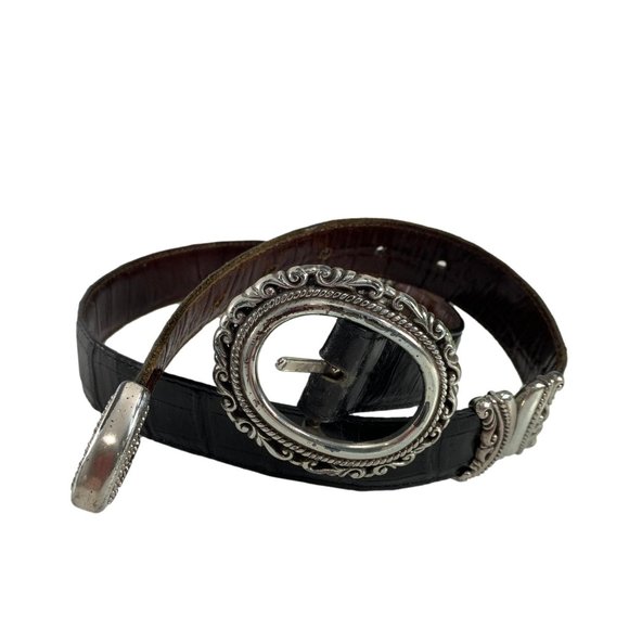 Womens Reversible Black Brown Belt Silver Colored Metal Details Size Small - Picture 1 of 8